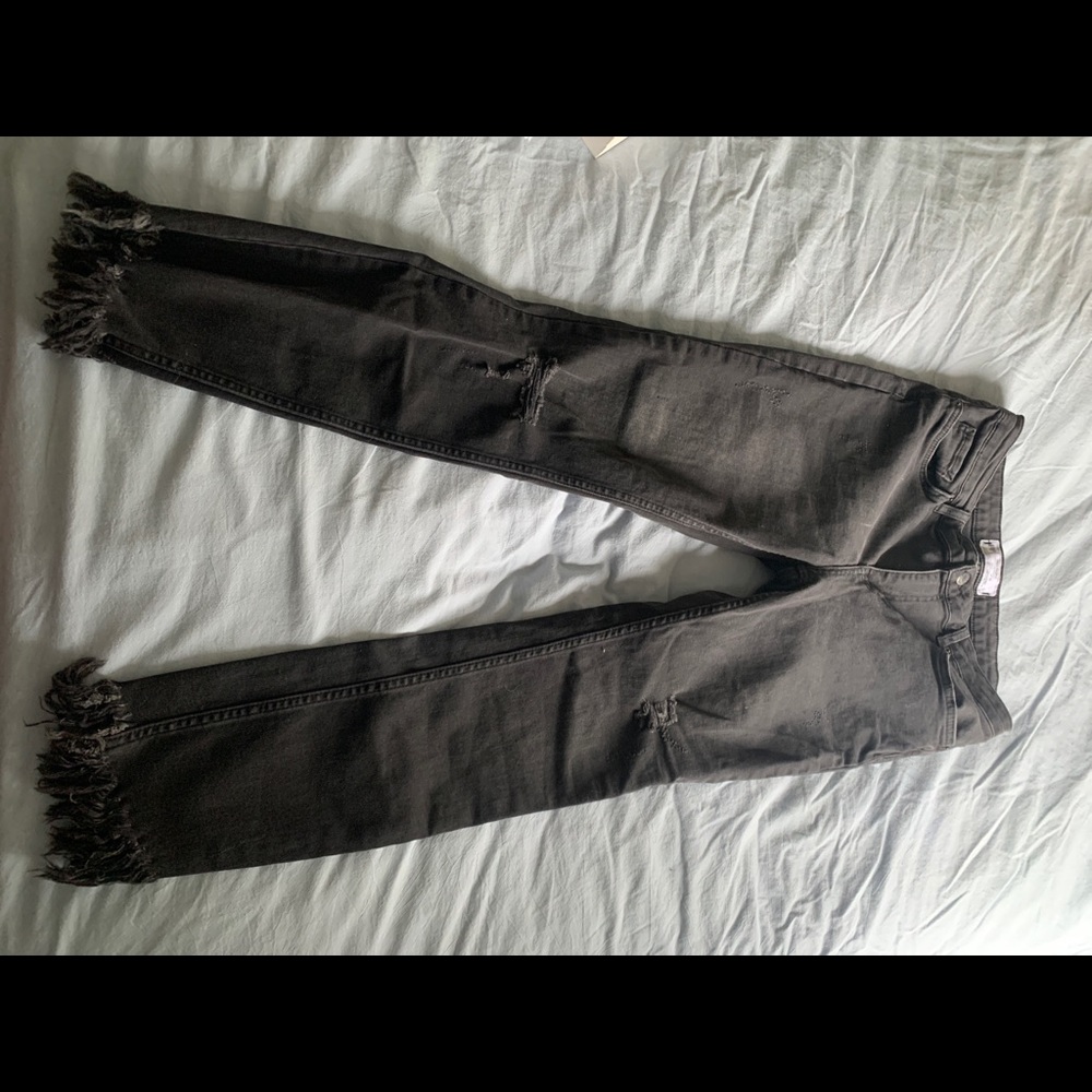 Free People Black Fringe Distressed Jeans